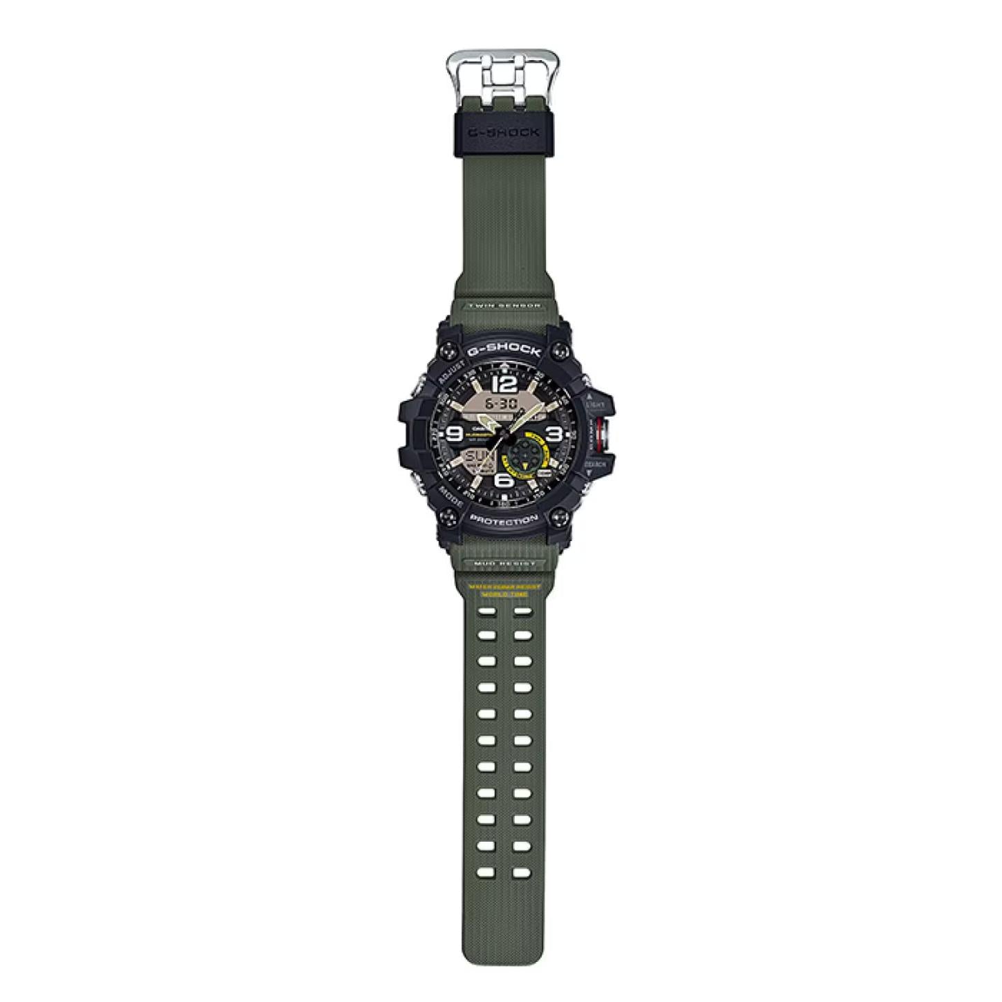 Full-length view of the Casio G-Shock Mudmaster GG-1000-1A3 showing the rugged analog-digital watch, black shock-resistant case, green resin strap, and metal buckle.
