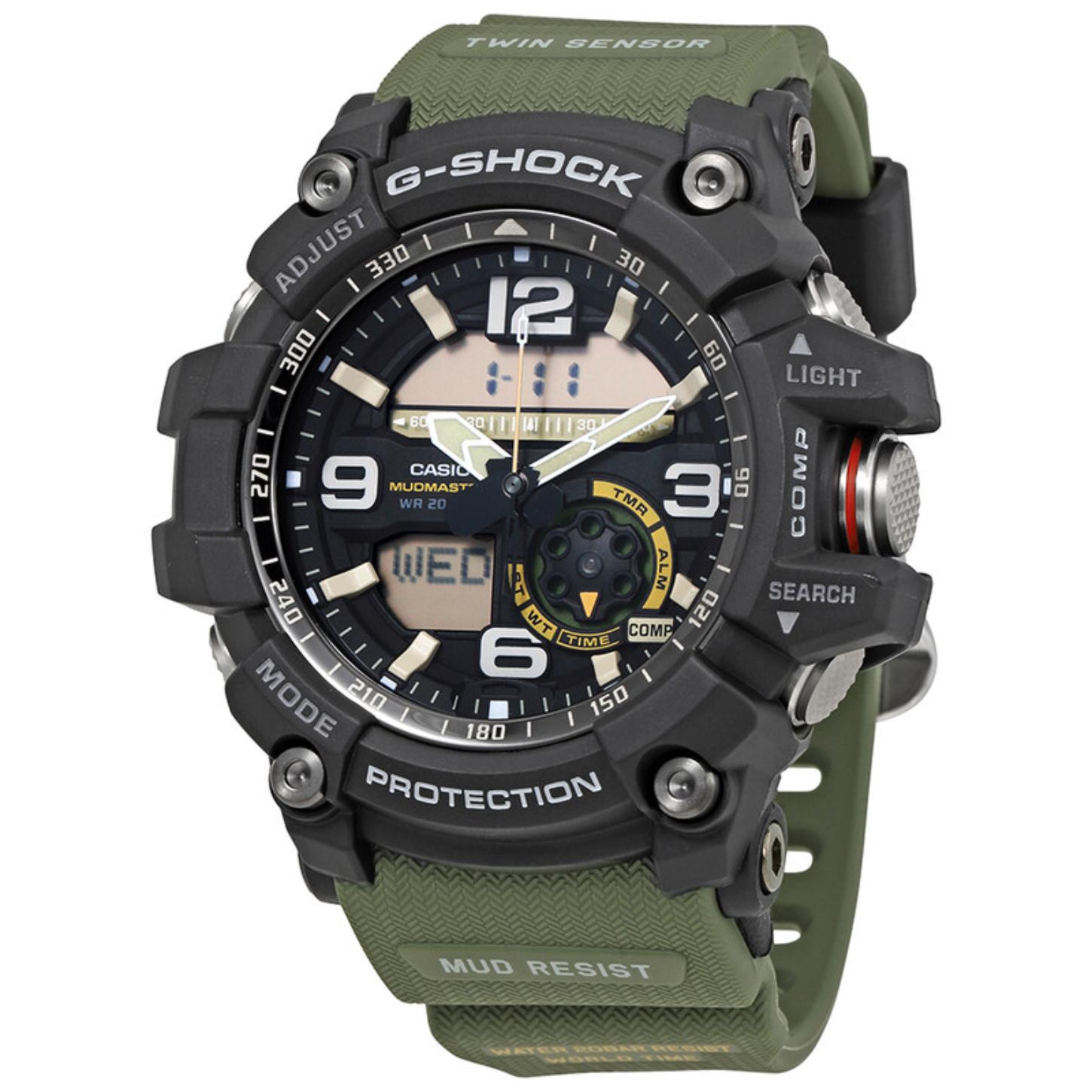 Casio G-Shock Mudmaster GG-1000-1A3 featuring a black analog-digital dial, rugged shock-resistant case, large control buttons, and green resin strap.
