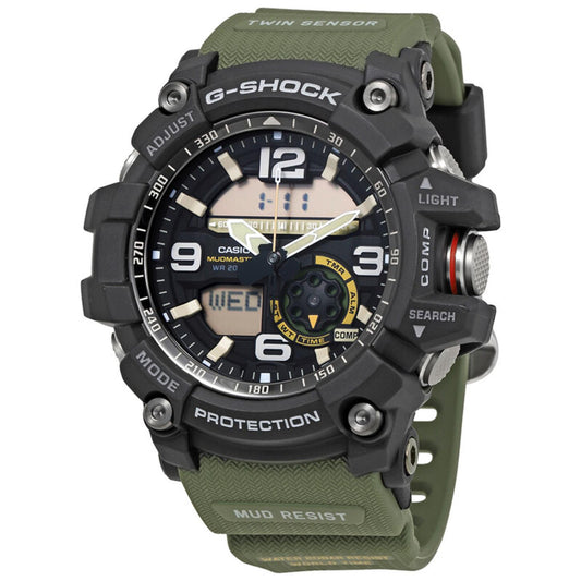 Casio G-Shock Mudmaster GG-1000-1A3 featuring a black analog-digital dial, rugged shock-resistant case, large control buttons, and green resin strap.