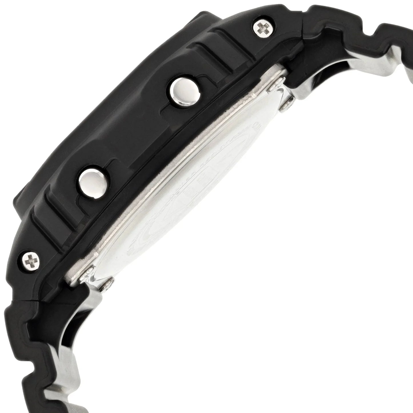 Vista lateral del reloj Casio G-Shock DW-5600 mostrando perfil, botones y correa negra.