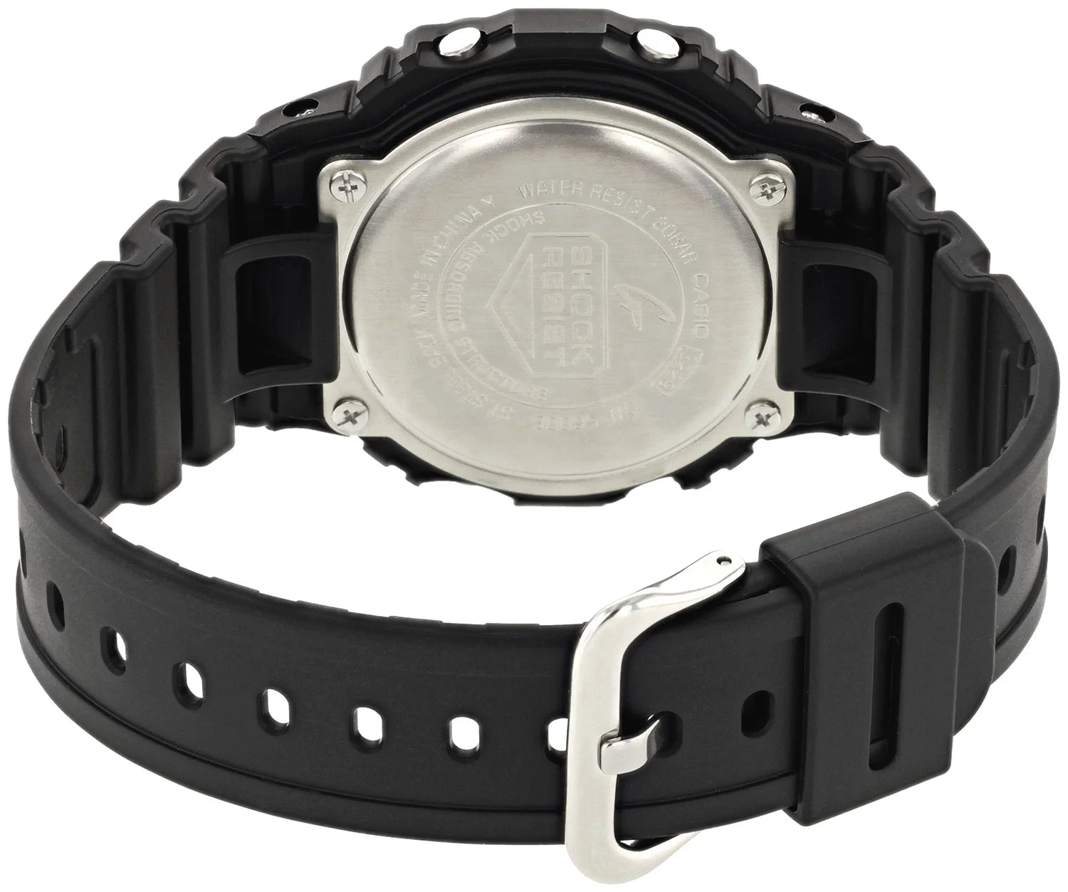 Parte trasera del reloj Casio G-Shock DW-5600, correa negra y tapa de acero inoxidable.