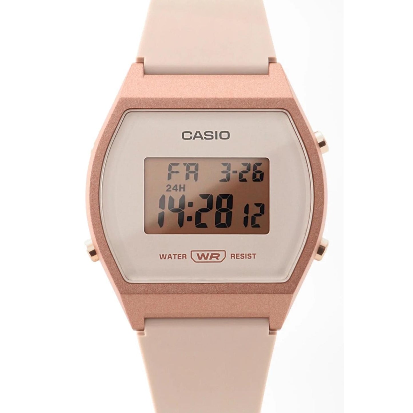 Casio LW-204-4A digital watch with rectangular display, pink resin case, front buttons and matching pink resin strap.