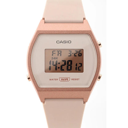Casio LW-204-4A digital watch with rectangular display, pink resin case, front buttons and matching pink resin strap.