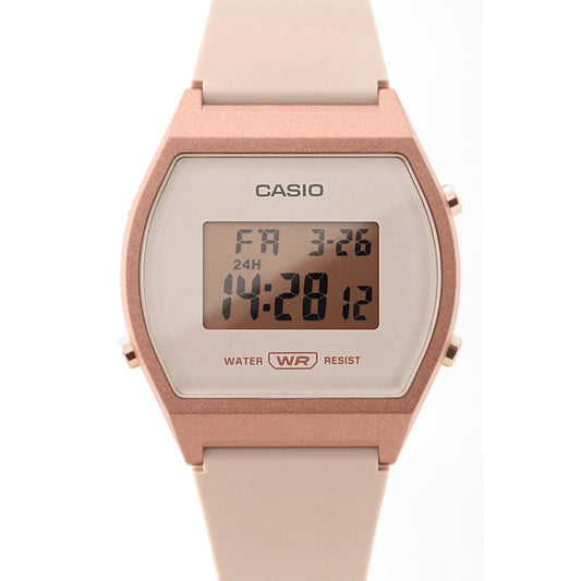 Casio LW-204-4A digital watch with rectangular display, pink resin case, front buttons and matching pink resin strap.