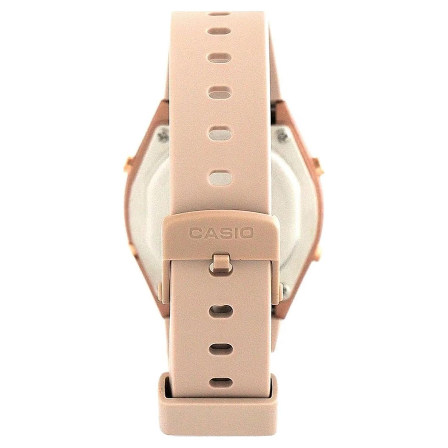 Casio LW-204-4A pink resin strap with adjustable holes, keeper loops and signed Casio buckle.