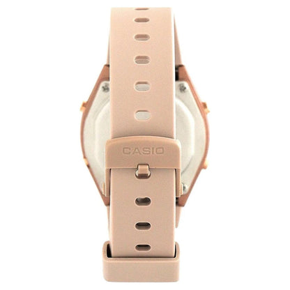 Casio LW-204-4A pink resin strap with adjustable holes, keeper loops and signed Casio buckle.