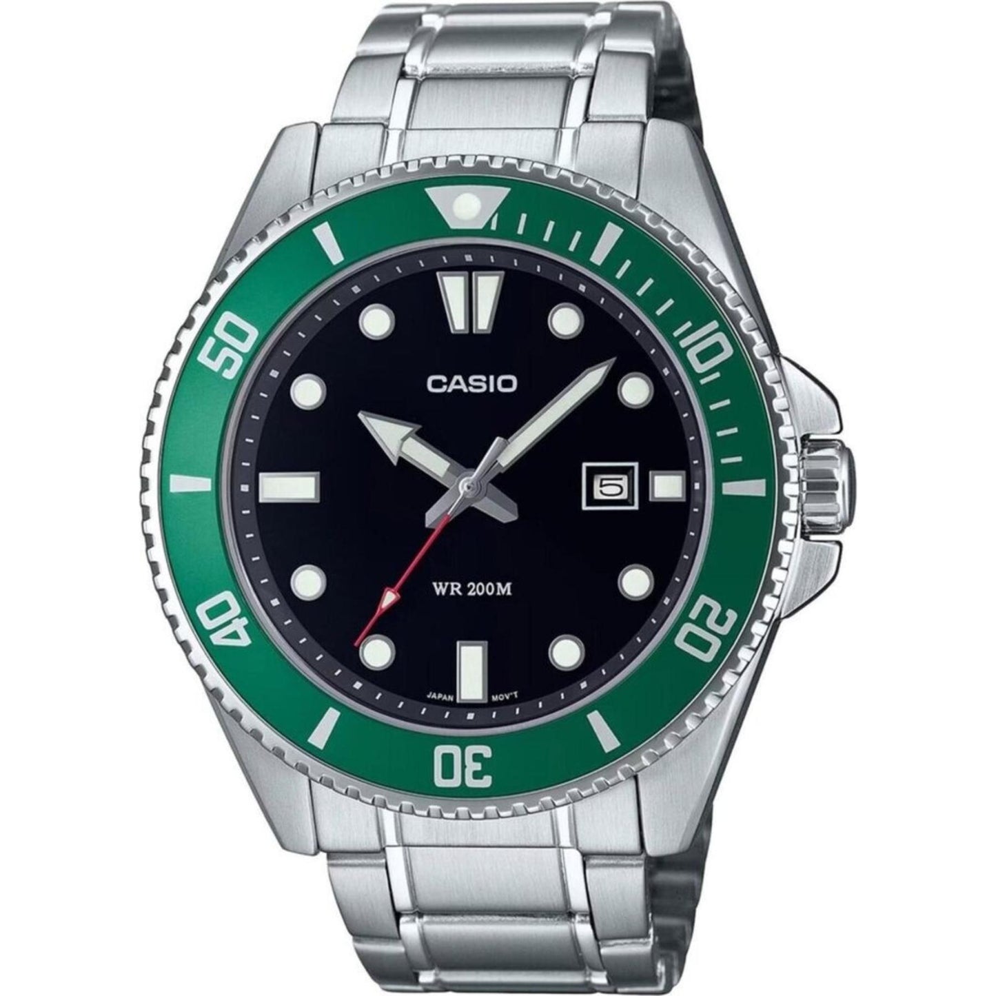 Casio MDV-107D-3A stainless steel dive watch with black dial, green unidirectional bezel, luminous markers and stainless steel bracelet.