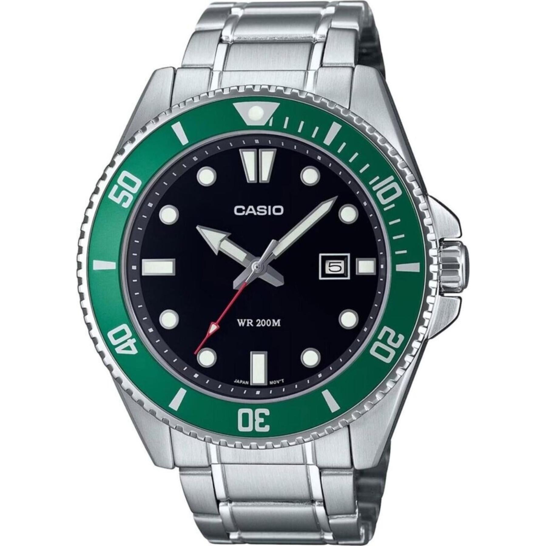 Casio MDV-107D-3A stainless steel dive watch with black dial, green unidirectional bezel, luminous markers and stainless steel bracelet.