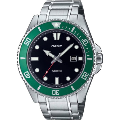 Casio MDV-107D-3A stainless steel dive watch with black dial, green unidirectional bezel, luminous markers and stainless steel bracelet.