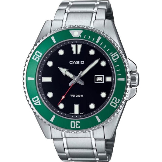Casio MDV-107D-3A stainless steel dive watch with black dial, green unidirectional bezel, luminous markers and stainless steel bracelet.