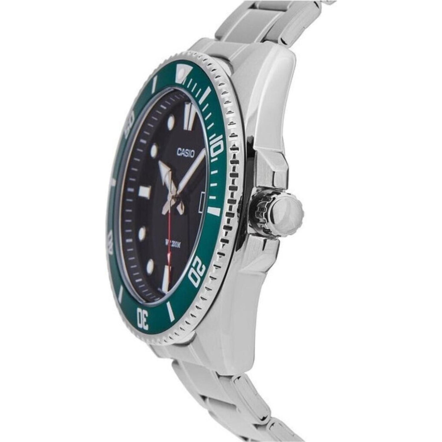 Casio MDV-107D-3A stainless steel dive watch with black dial, green unidirectional bezel and stainless steel case shown in angled side profile.