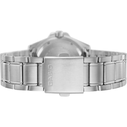 Casio MDV-107D-3A stainless steel dive watch with brushed stainless steel bracelet and engraved Casio folding clasp detail.