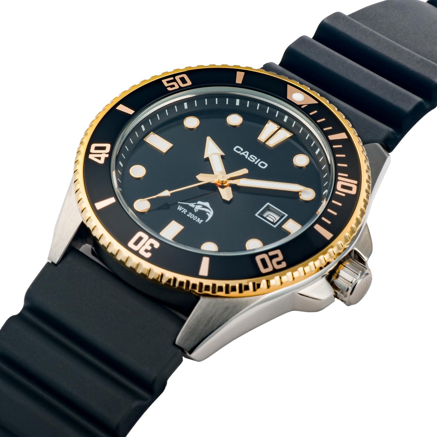 Casio MDV106G-1AV quartz dive watch with black dial, gold tone rotating bezel, luminous markers and black rubber strap shown in close angled view