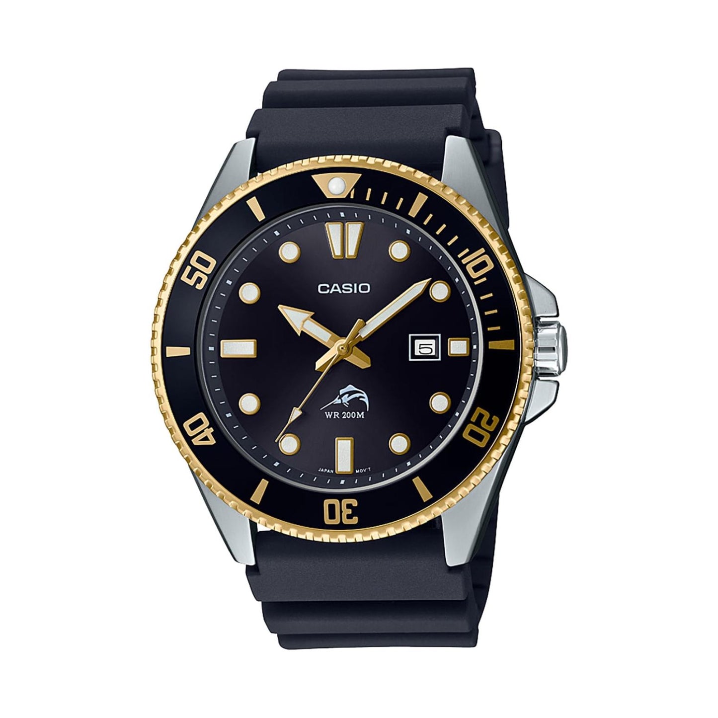 Casio MDV106G-1AV quartz dive watch with black dial, gold tone rotating bezel, luminous markers and black rubber strap with stainless steel case