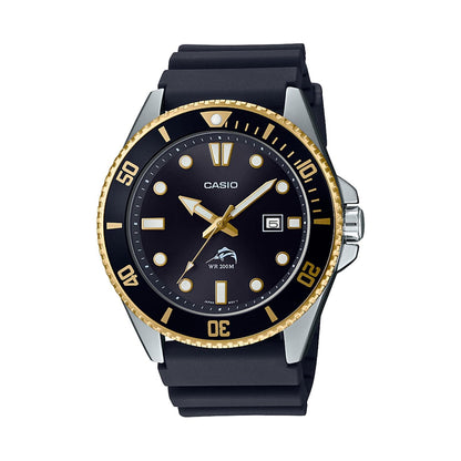 Casio MDV106G-1AV quartz dive watch with black dial, gold tone rotating bezel, luminous markers and black rubber strap with stainless steel case