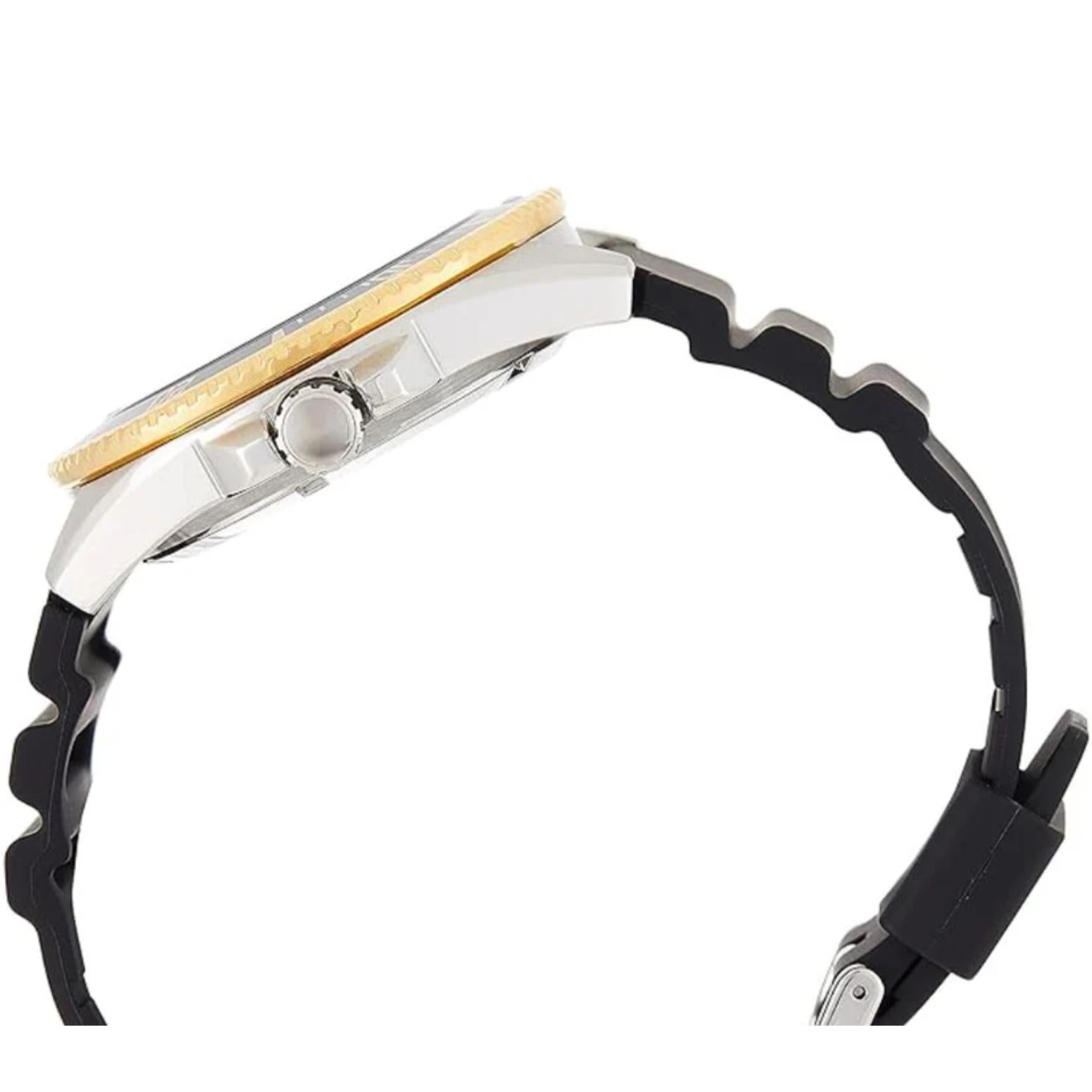 Casio MDV106G-1AV dive watch side profile with gold tone bezel, stainless steel case, crown and black rubber strap with durable construction