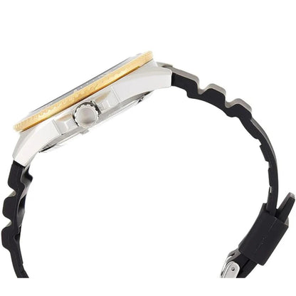 Casio MDV106G-1AV dive watch side profile with gold tone bezel, stainless steel case, crown and black rubber strap with durable construction