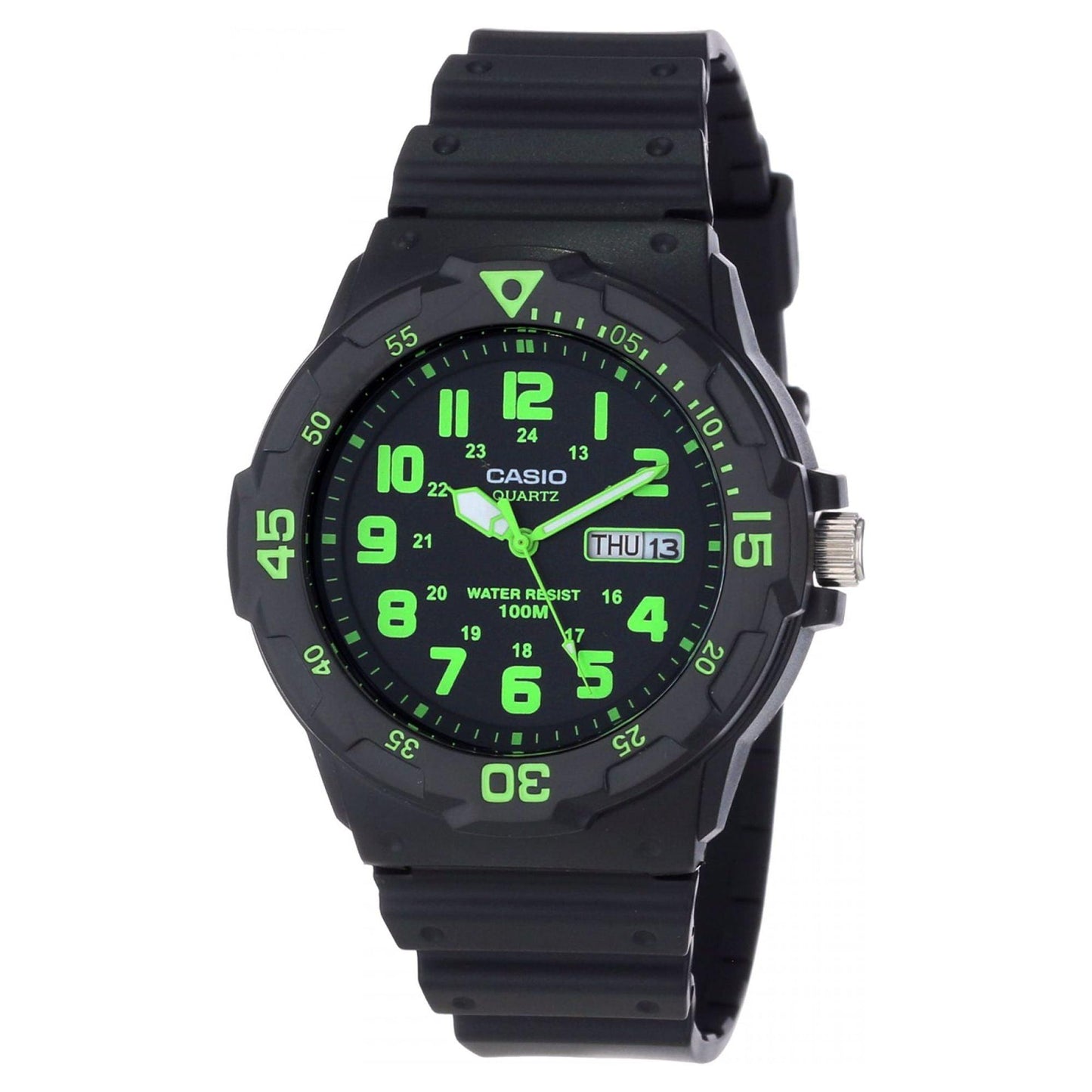 Casio MRW200H-3BV dive style sport watch with black dial, green luminous-style numerals, rotating bezel and black resin strap.