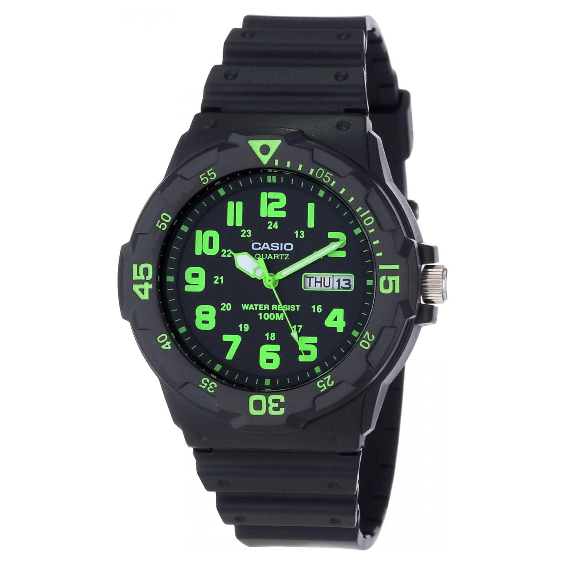 Casio MRW200H-3BV dive style sport watch with black dial, green luminous-style numerals, rotating bezel and black resin strap.