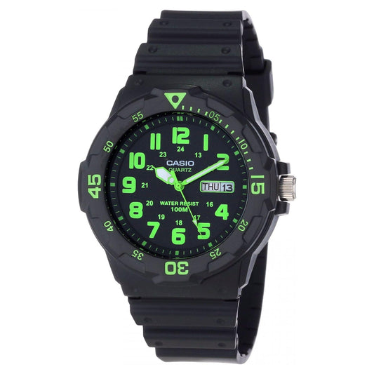 Casio MRW200H-3BV dive style sport watch with black dial, green luminous-style numerals, rotating bezel and black resin strap.
