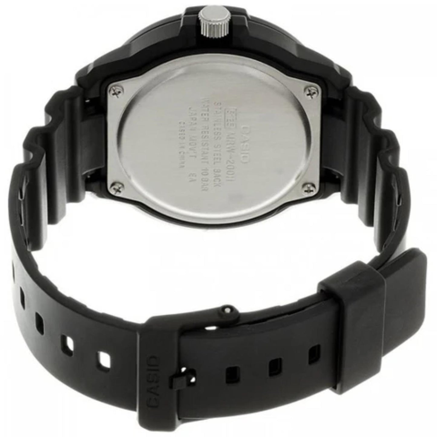 Casio MRW200H-3BV dive style sport watch with stainless steel caseback, black resin case and black resin strap shown from rear view.