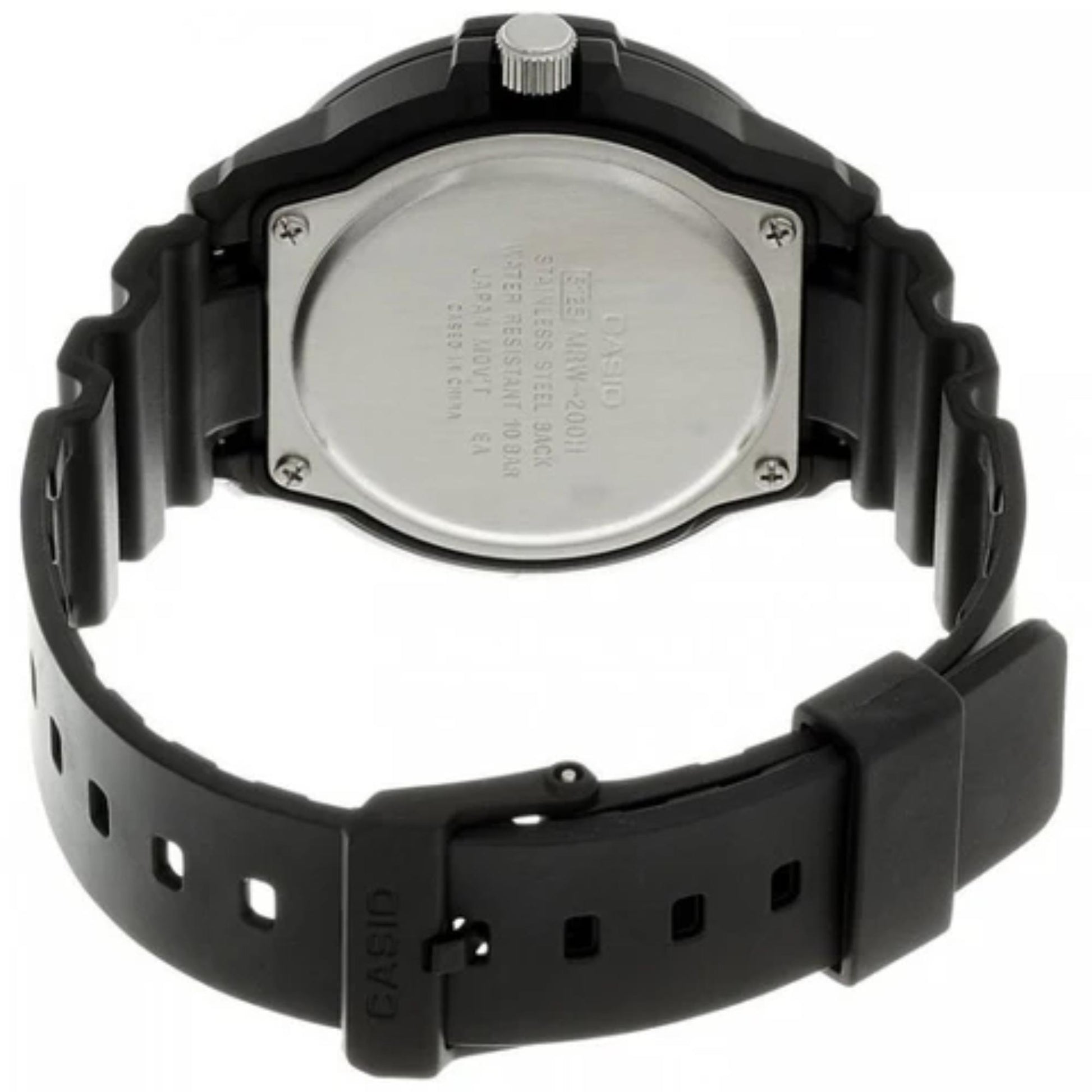 Casio MRW200H-3BV dive style sport watch with stainless steel caseback, black resin case and black resin strap shown from rear view.