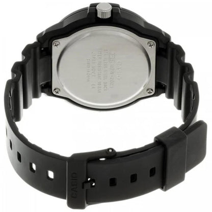 Casio MRW200H-3BV dive style sport watch with stainless steel caseback, black resin case and black resin strap shown from rear view.