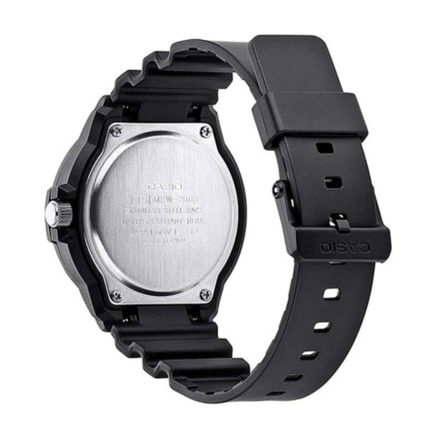 Casio MRW200H-3BV dive style sport watch with stainless steel caseback, black resin case and black resin strap shown in angled rear view.