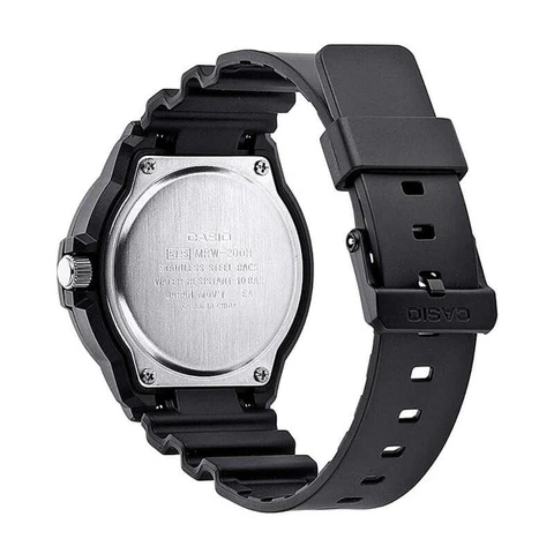 Casio MRW200H-3BV dive style sport watch with stainless steel caseback, black resin case and black resin strap shown in angled rear view.