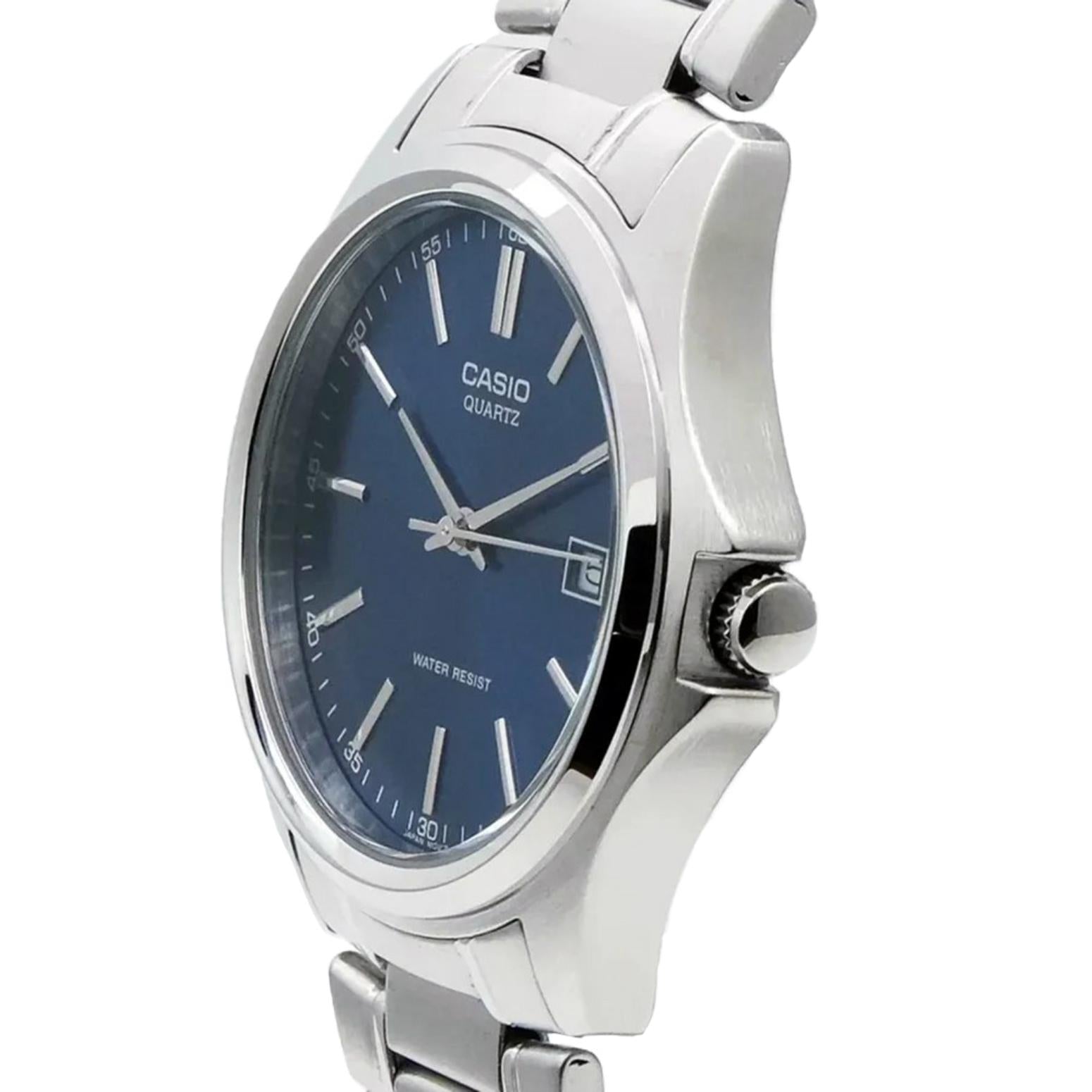Casio MTP-1183A-2A men’s dress watch with blue sunray dial, date display and stainless steel bracelet shown in angled side profile.