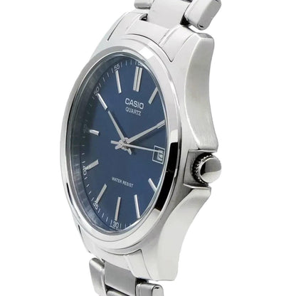 Casio MTP-1183A-2A men’s dress watch with blue sunray dial, date display and stainless steel bracelet shown in angled side profile.