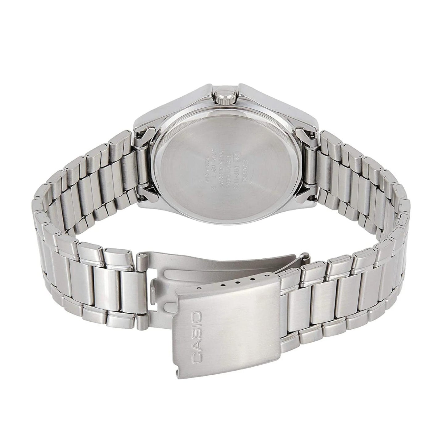 Casio MTP-1183A-2A men’s dress watch with stainless steel caseback, stainless steel bracelet and engraved Casio folding clasp detail.
