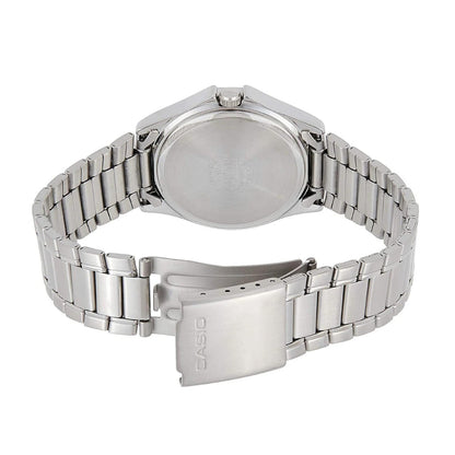 Casio MTP-1183A-2A men’s dress watch with stainless steel caseback, stainless steel bracelet and engraved Casio folding clasp detail.