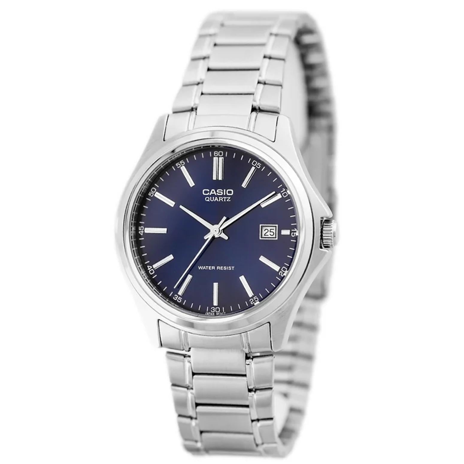 Casio MTP-1183A-2A men’s dress watch with blue sunray dial, date display and stainless steel bracelet shown in front angled view.