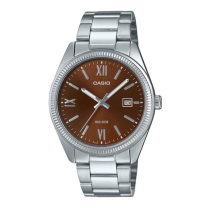 Casio MTP-1302DD-5AV watch with brown dial, date display, stainless steel case and stainless steel bracelet.