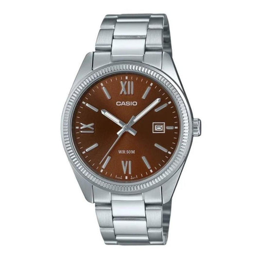 Casio MTP-1302DD-5AV watch with brown dial, date display, stainless steel case and stainless steel bracelet.