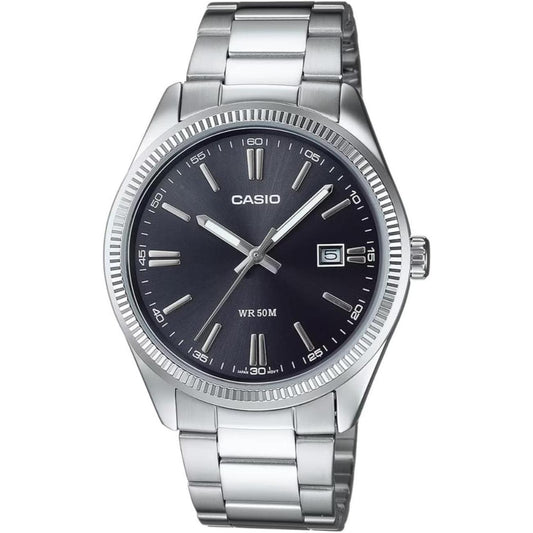 Reloj Casio MTP-1302PD-1A1VEF de hombre en acero inoxidable con esfera negra y calendario, vista frontal