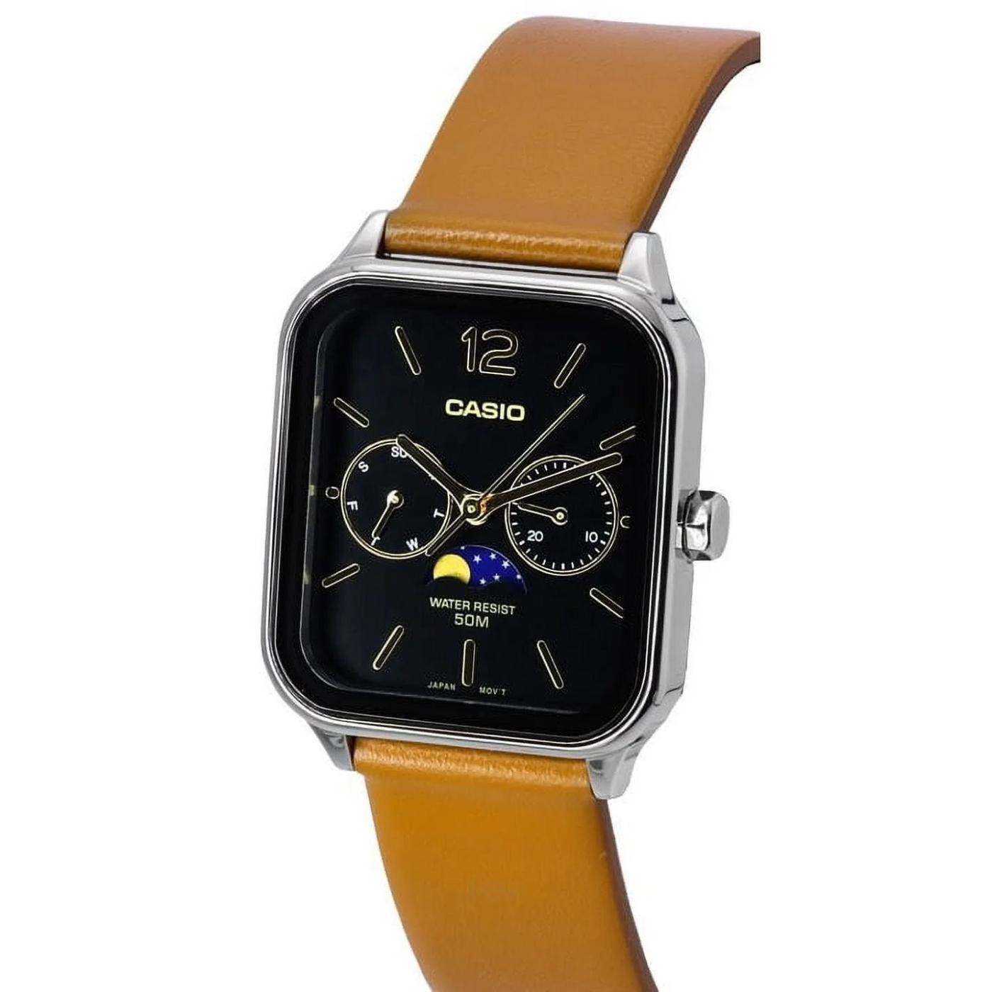Casio MTP-M305L-1A watch with black dial, moon phase display, subdials and brown leather strap shown at an angle.