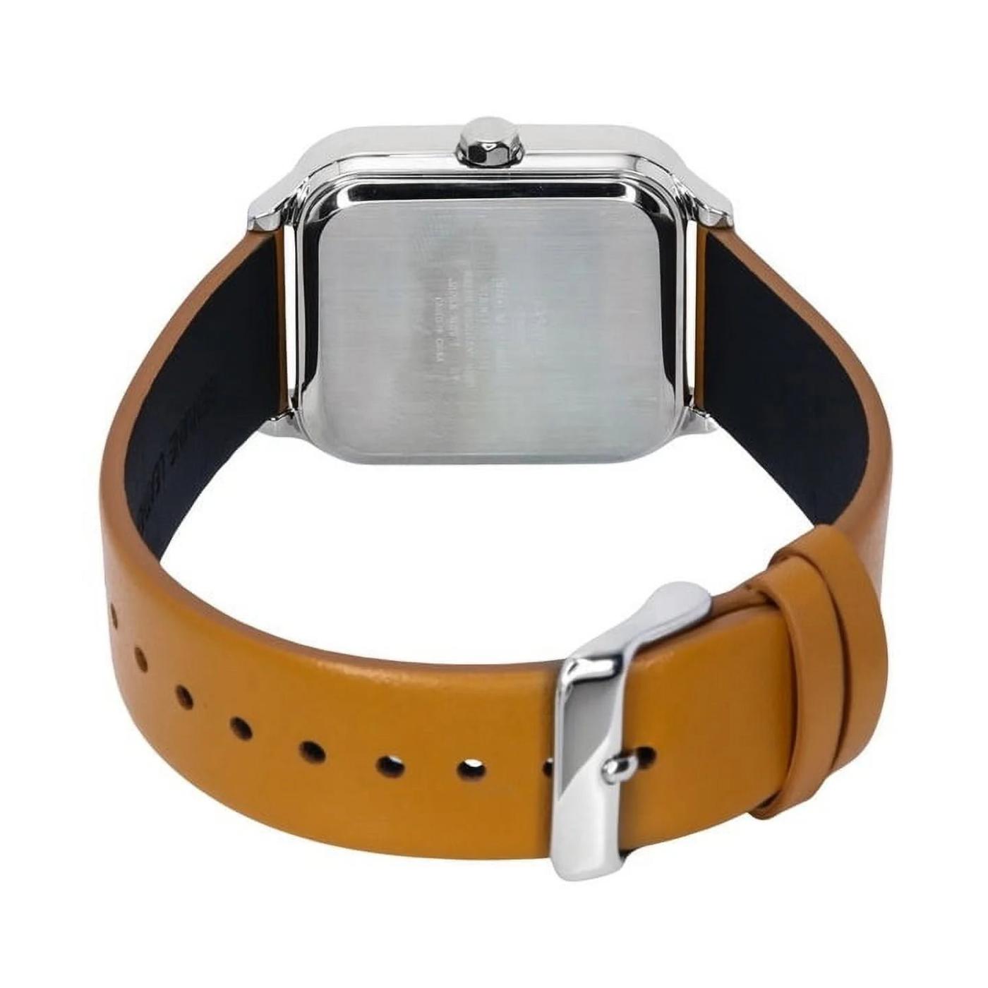 Casio MTP-M305L-1A with stainless steel caseback, rectangular case and brown leather strap with buckle detail.