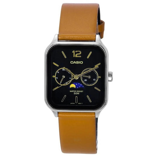 Casio MTP-M305L-1A watch with black dial, moon phase display, subdials and brown leather strap.