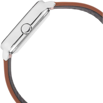 Casio MTP-M305L-1A side profile showing rectangular stainless steel case, crown and brown leather strap detail.