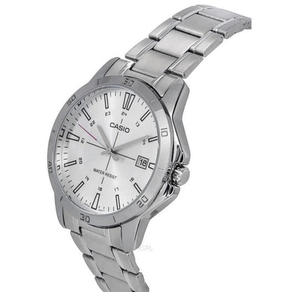 Casio MTP-V004D-7CUDF quartz watch with white dial, date display, stainless steel case and stainless steel bracelet shown at an angle.