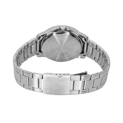 Casio MTP-V004D-7CUDF with stainless steel caseback, stainless steel case and stainless steel bracelet with signed Casio clasp.