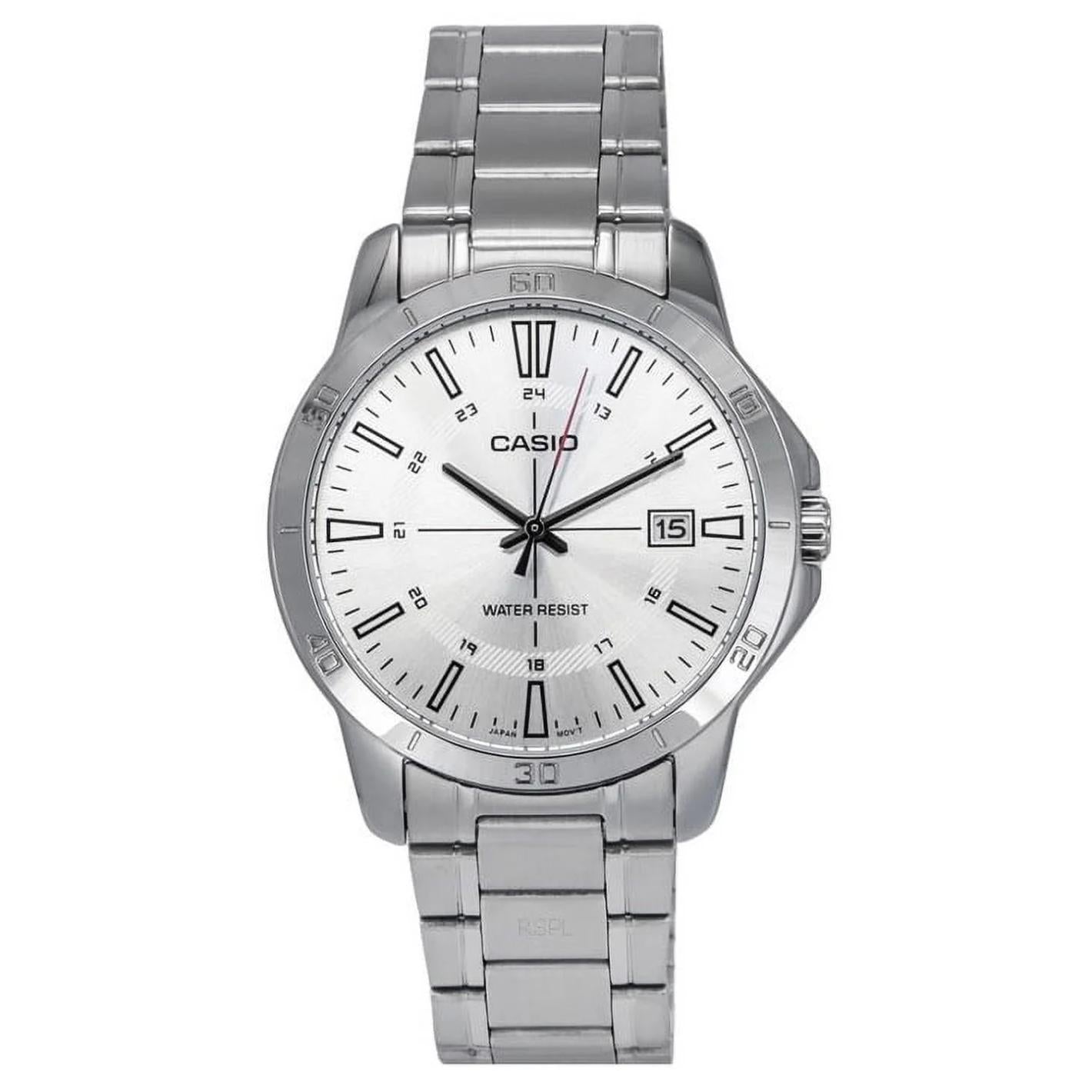Reloj Casio MTP-V004D-7CUDF con esfera blanca, índices lineales negros, ventana de fecha a las 3 y brazalete de acero inoxidable.