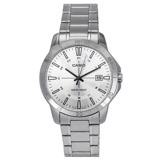 Reloj Casio MTP-V004D-7CUDF con esfera blanca, índices lineales negros, ventana de fecha a las 3 y brazalete de acero inoxidable.