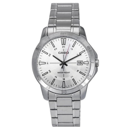 Casio MTP-V004D-7CUDF quartz watch with white dial, date window at 3 o’clock, stainless steel case and stainless steel bracelet.