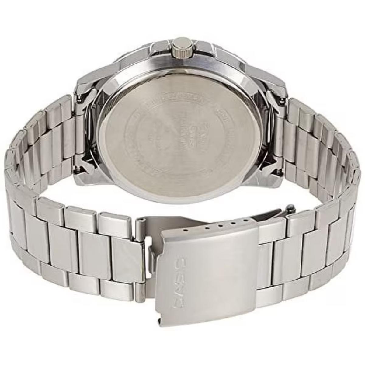 Rear view of the Casio MTP-VD01D-2BV stainless steel watch highlighting the solid stainless steel caseback, fold-over clasp, and stainless steel bracelet construction.
