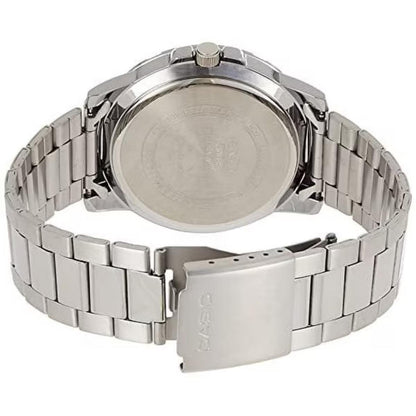 Rear view of the Casio MTP-VD01D-2BV stainless steel watch highlighting the solid stainless steel caseback, fold-over clasp, and stainless steel bracelet construction.