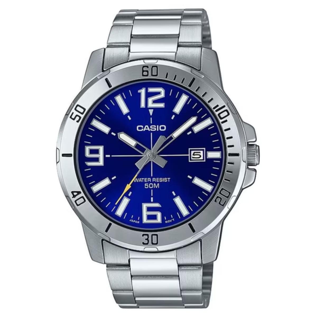 Front view of the Casio MTP-VD01D-2BV stainless steel watch featuring a vibrant blue dial, silver-tone diver-style bezel, luminous hands and hour markers, date display at 3 o’clock, and a stainless steel bracelet.