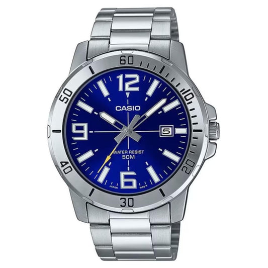 Front view of the Casio MTP-VD01D-2BV stainless steel watch featuring a vibrant blue dial, silver-tone diver-style bezel, luminous hands and hour markers, date display at 3 o’clock, and a stainless steel bracelet.